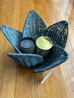 Blue Gray Woven Decorative Basket - with 2 scented candles